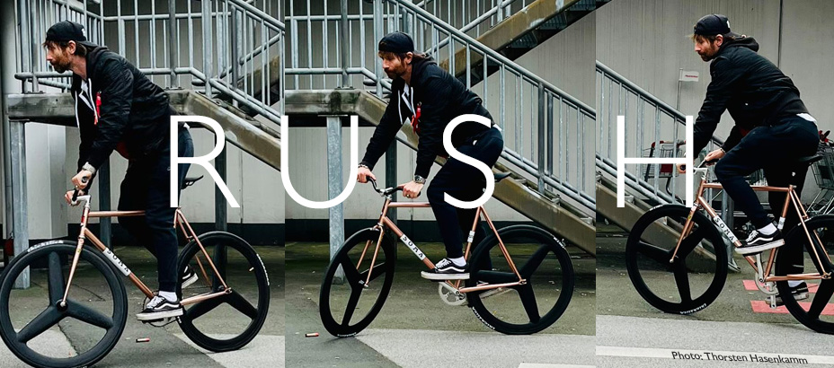 three photos of man riding copper fixie bike